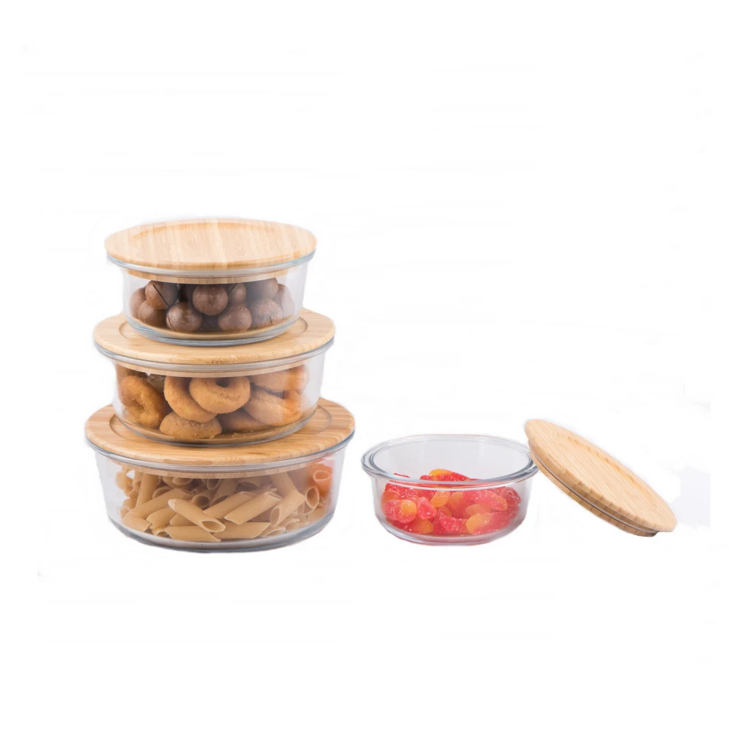 Round Glass Foods Preservation Box / Food Container / Lunch Box with Bamboo Lid